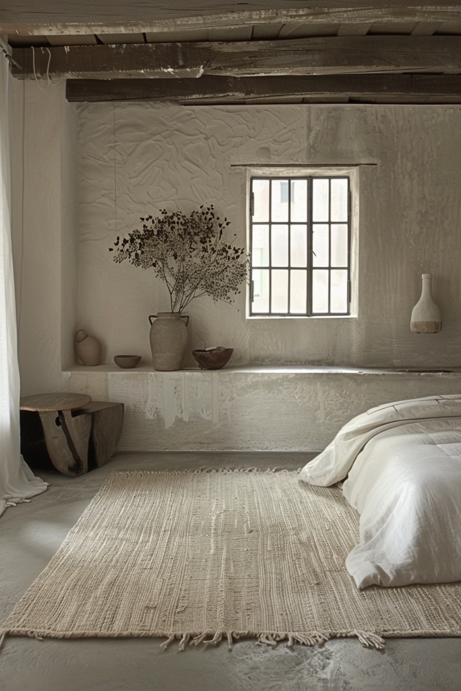 A serene, rustic bedroom with a textured white wall, window with grid panes, simple bedding, and pottery on a ledge.