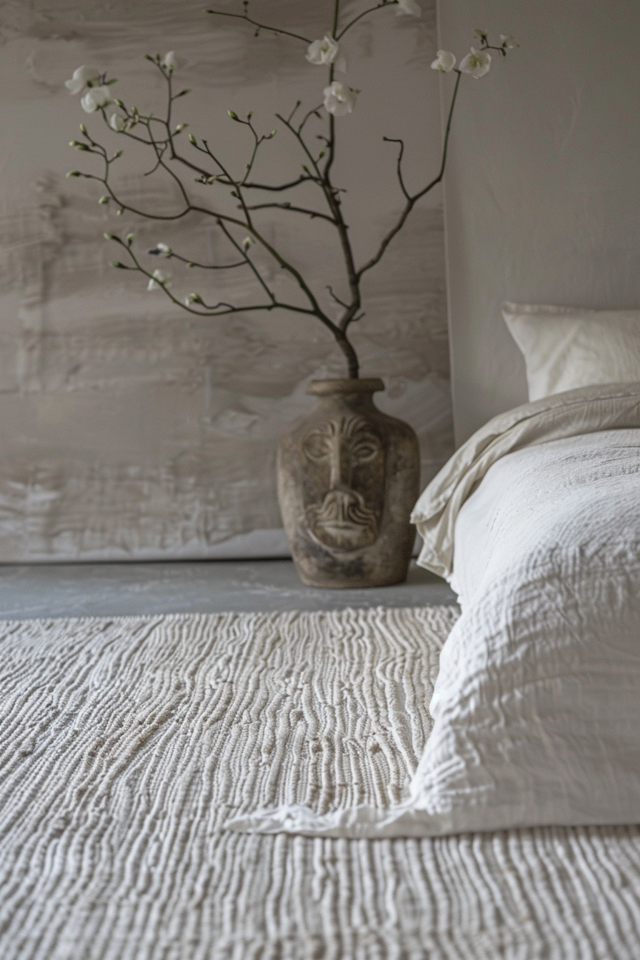 A serene bedroom setting with a textured white bedspread and a decorative vase holding white blossoming branches.