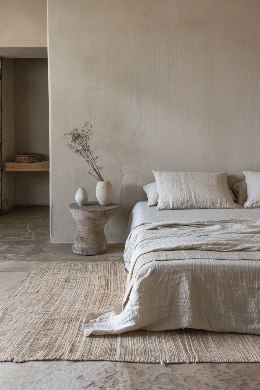 Neutral-toned bedroom with a made bed, textured blankets, a rustic side table, vases, dried flowers, and a woven rug.
