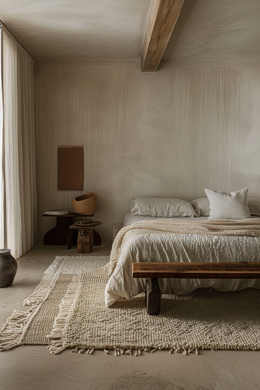 "Minimalistic bedroom with a neutral color palette, featuring a wooden bed with textured bedding, woven rug, and rustic decor accents."