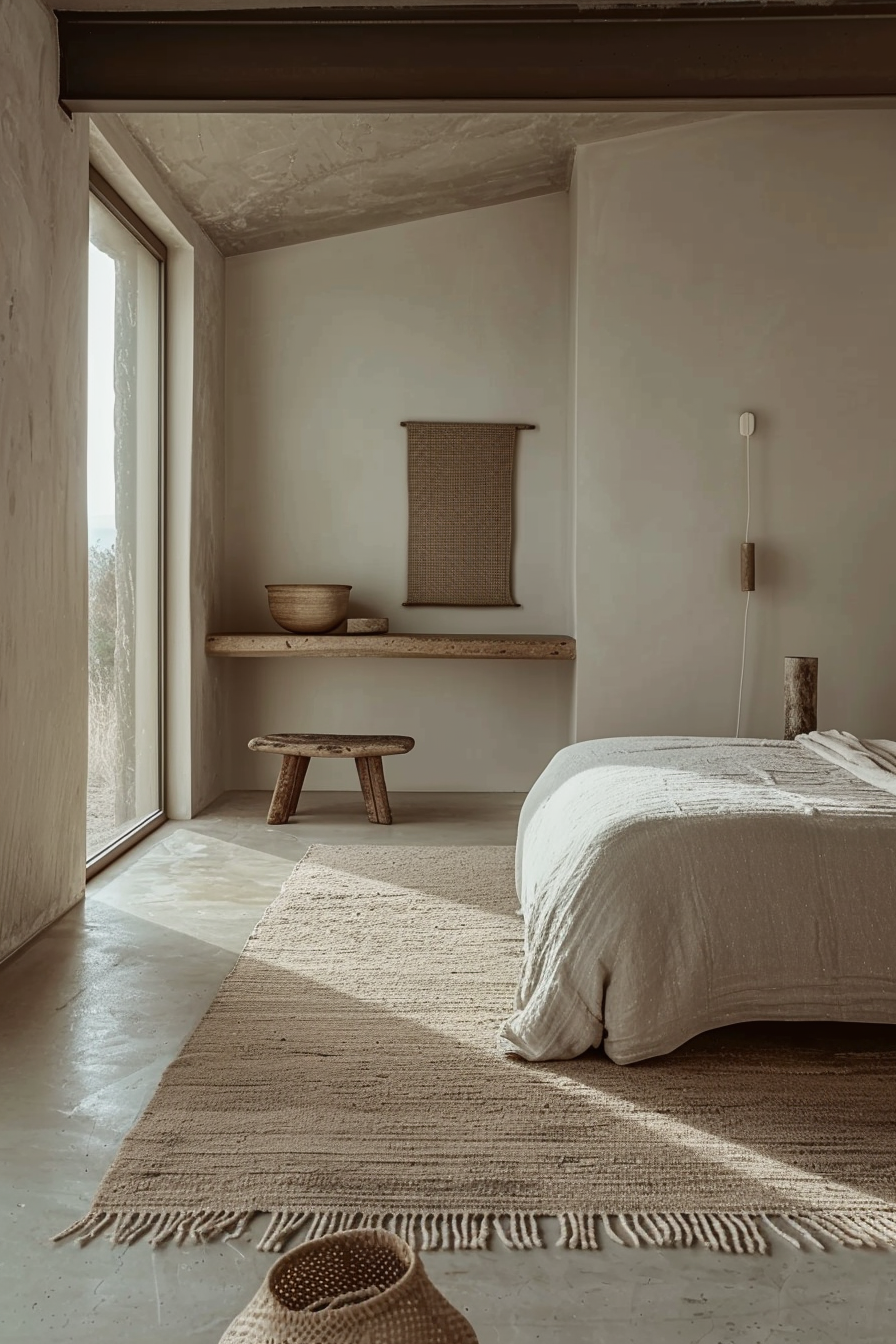 Minimalist bedroom with a neutral palette, featuring a low bed, textured rug, woven accessories, and natural light from a window.
