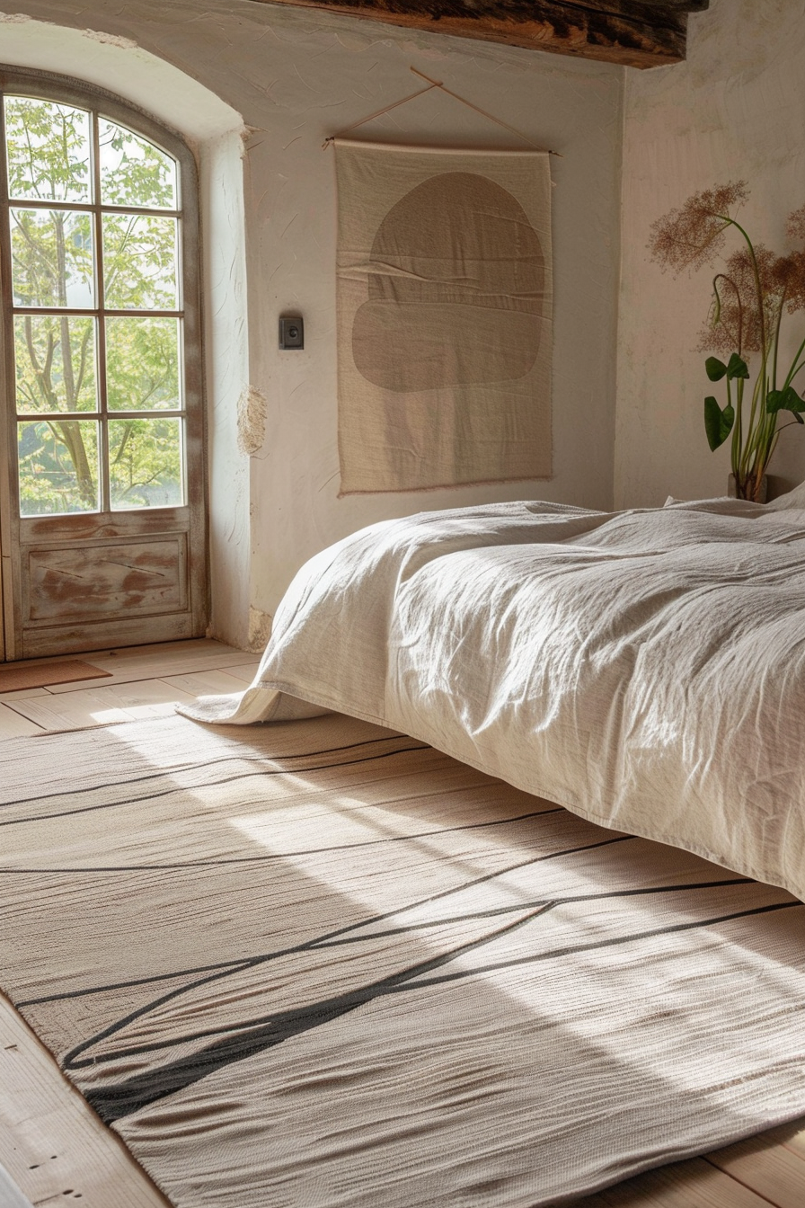 Rustic bedroom with natural light, an unmade bed, textured rug, and hanging textile art on a plastered wall.