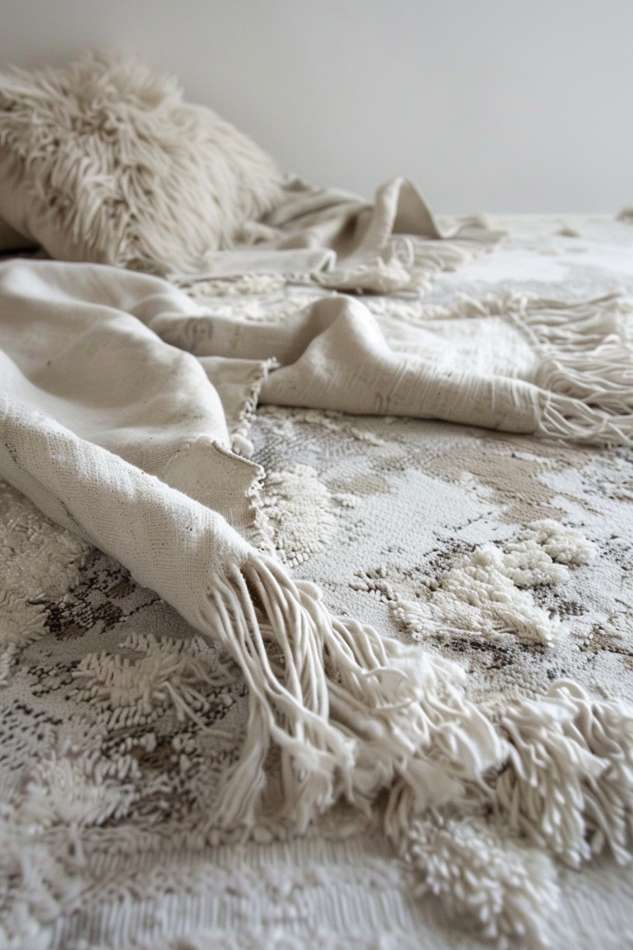 ALT text: A close-up of a textured white throw blanket with tassels, casually draped over a patterned area rug in a room with soft lighting.