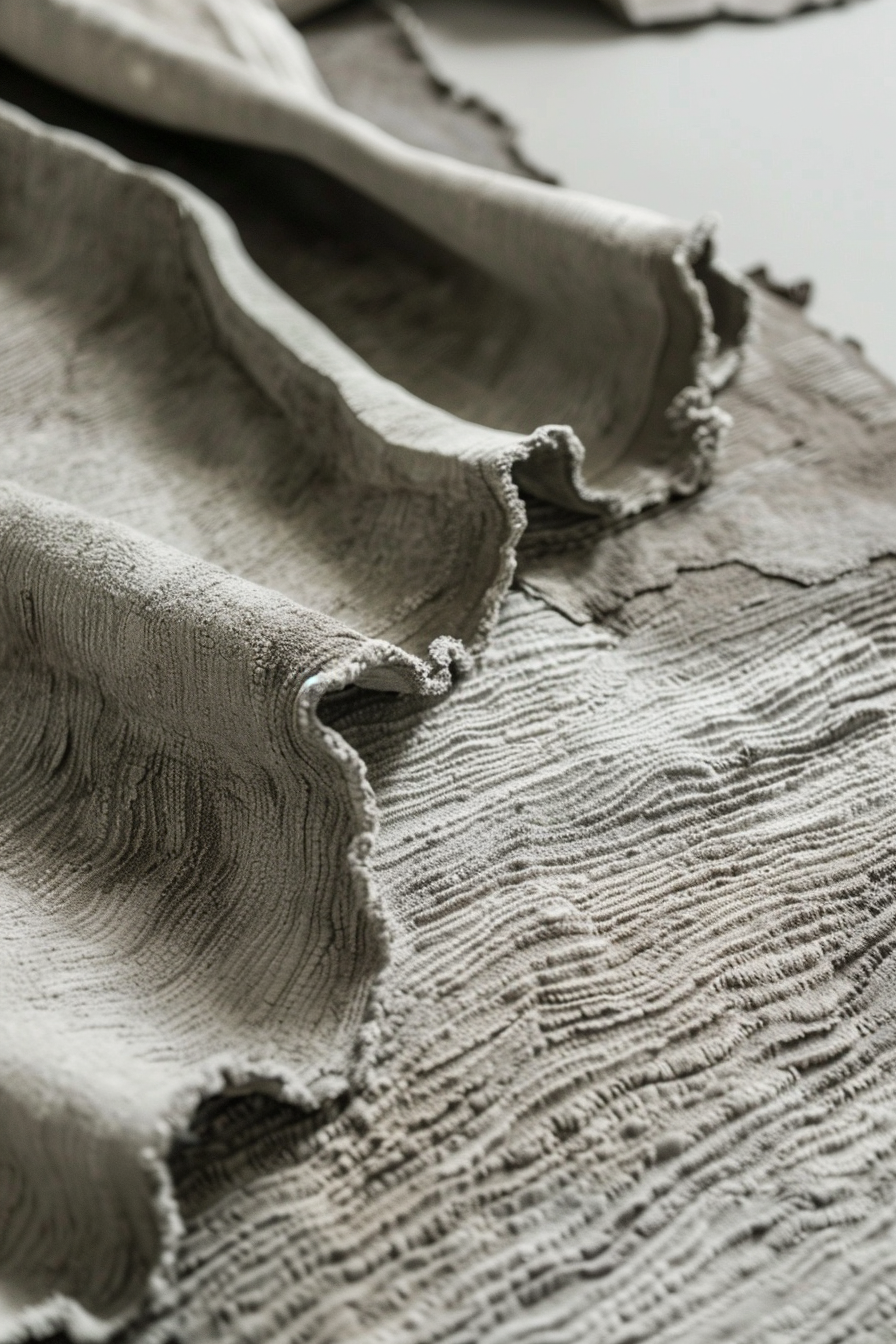 Close-up of a textured fabric with frayed edges, resembling soft, wavy topography in neutral tones.