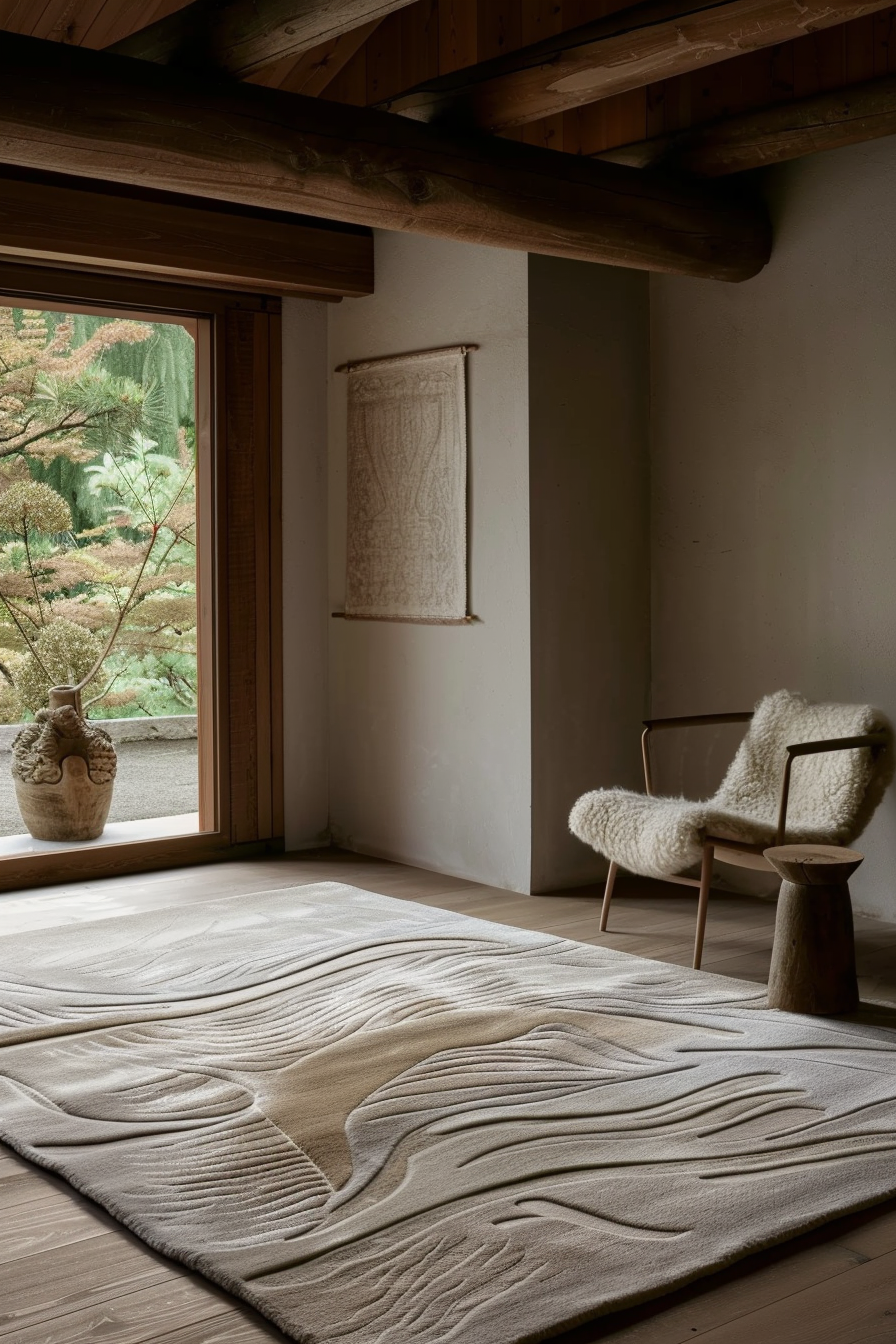 A serene interior with a textured rug, wooden furniture with a sheepskin throw, a rolled wall scroll, and a view of a lush Japanese garden.