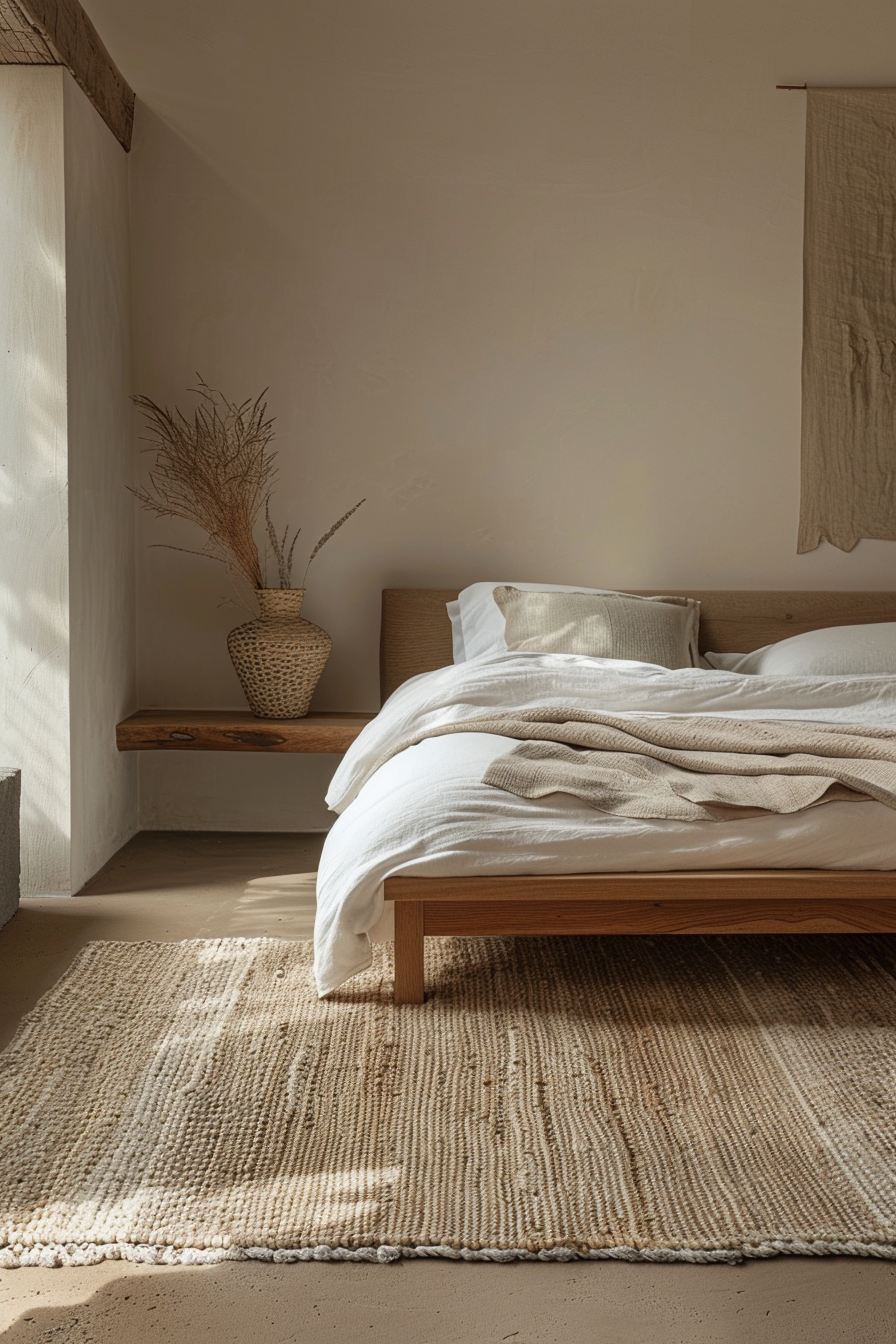 A minimalist bedroom with a wooden platform bed, white bedding, a textured rug, and a dried plant in a woven vase on a shelf.