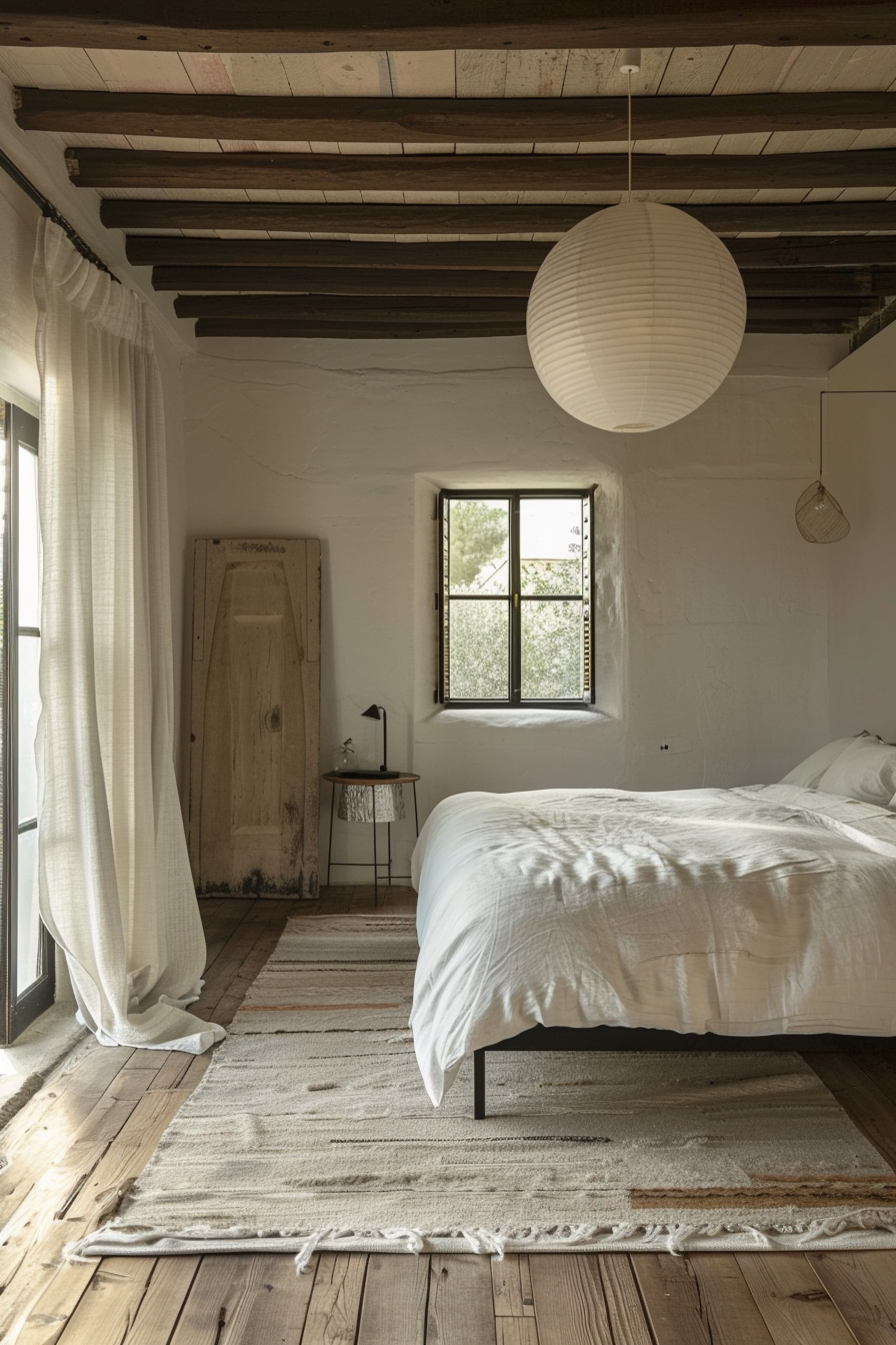 Cozy bedroom interior with wooden floors, white bed linens, rustic beam ceiling, and natural light from a window.