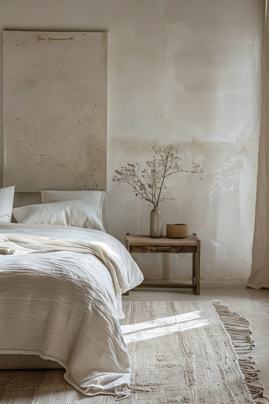 ALT: A serene bedroom with an unmade bed, textured linens, a rustic bench with a vase and dried flowers, a fringed rug, and soft natural light.