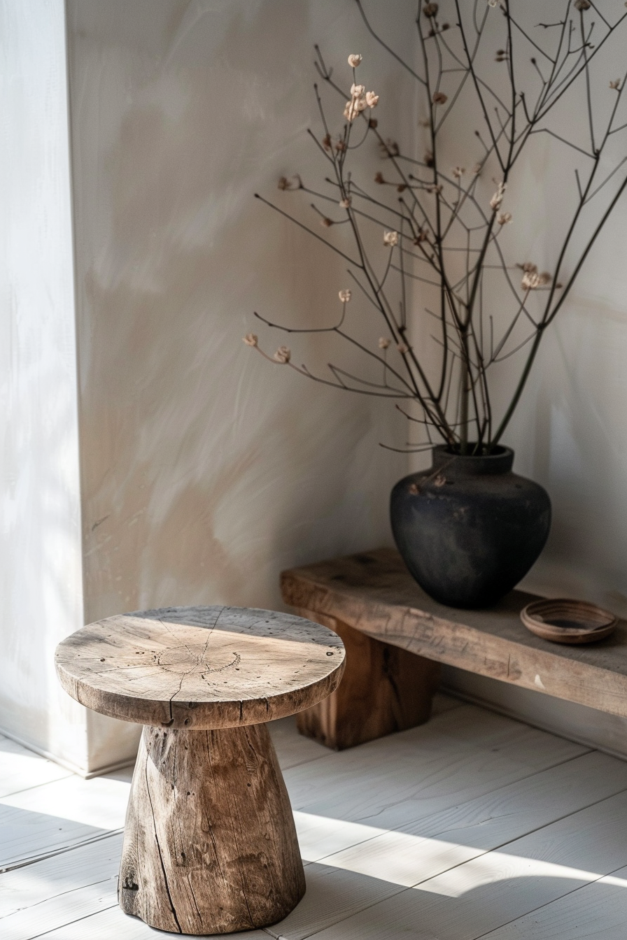 A rustic wooden stool stands on a white floor with a vase of dried branches and a wooden bench in the background.