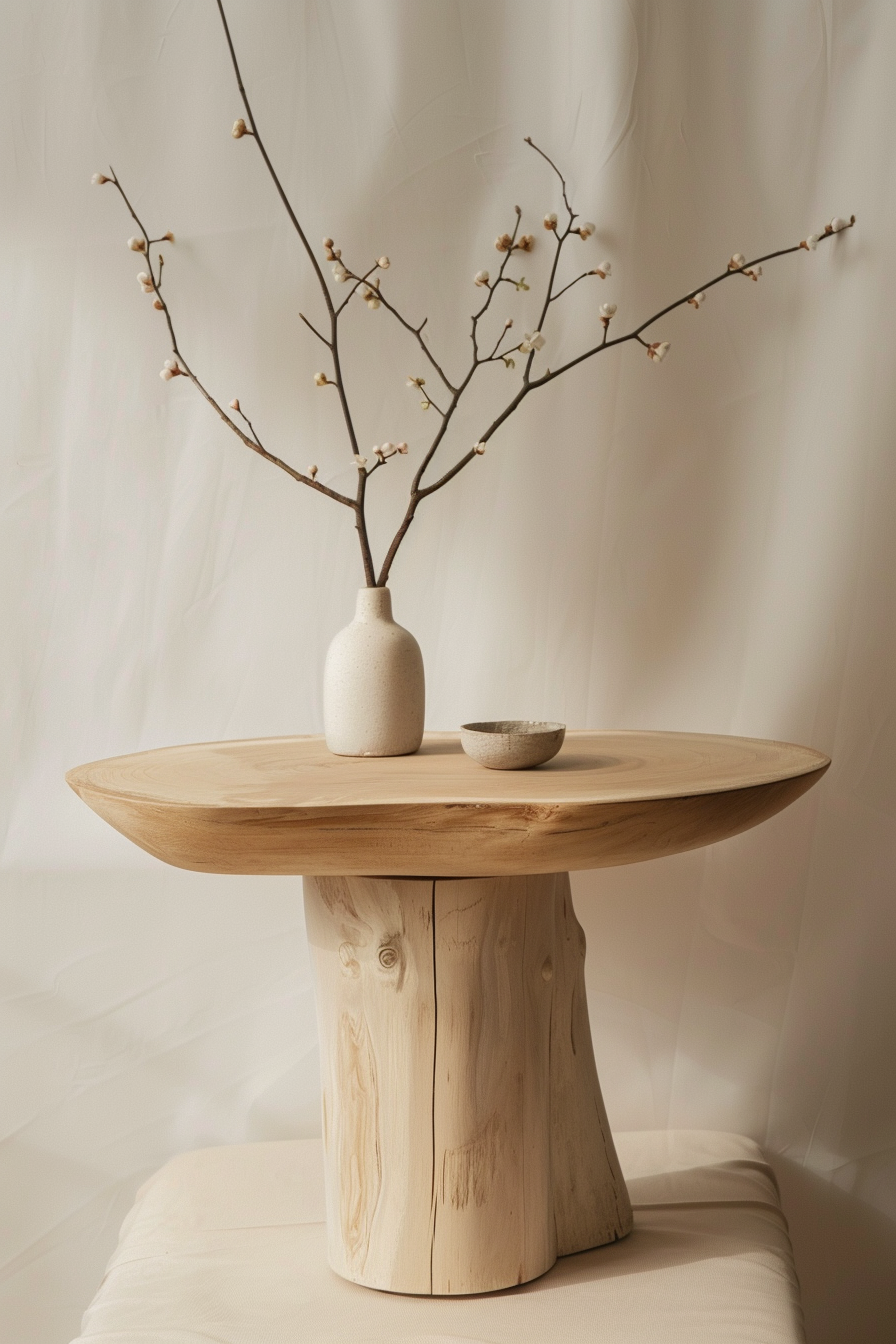 A wooden table with a ceramic vase containing branches with buds and a small bowl on a draped fabric background.