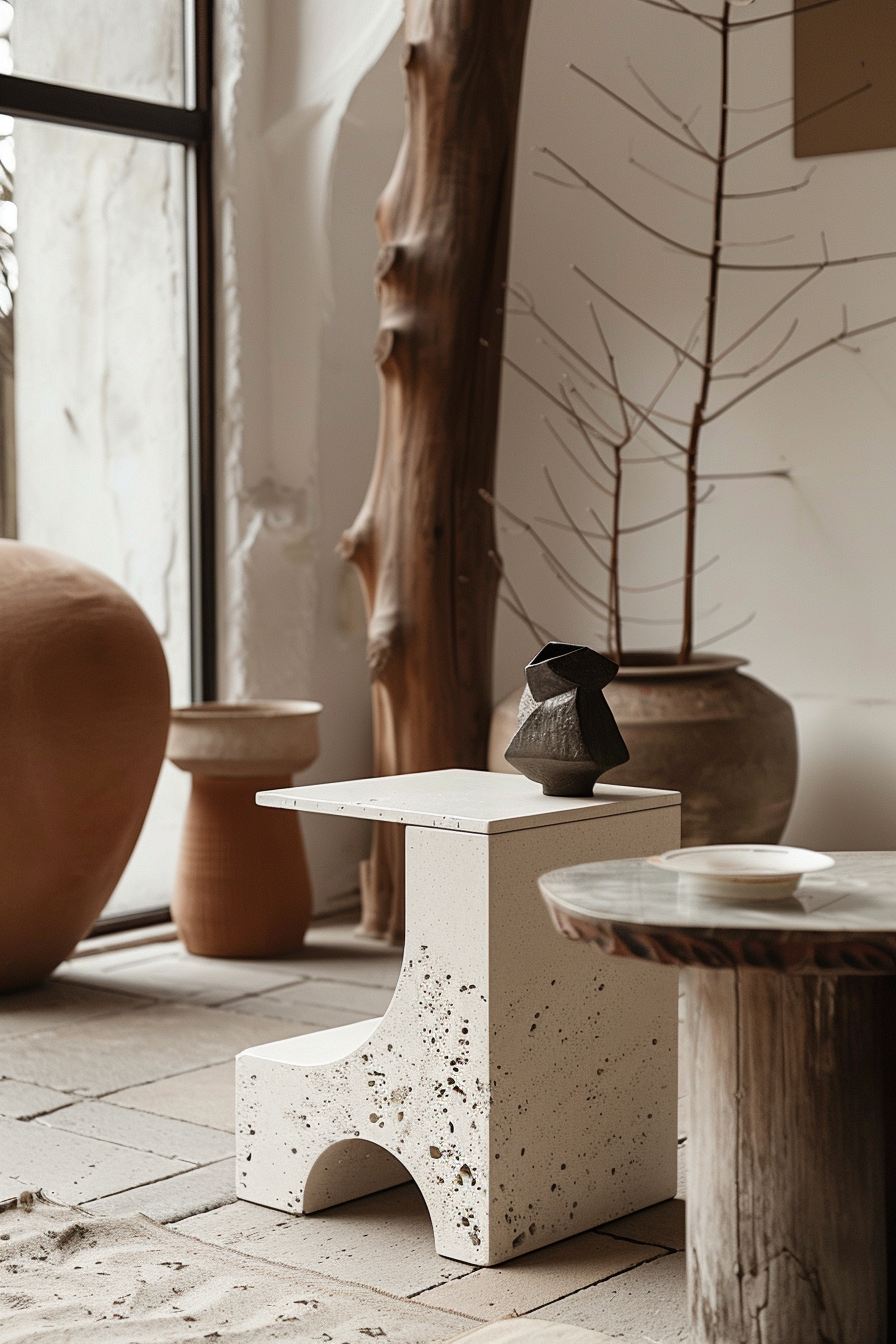 ALT: A serene corner with a terrazzo stool beside large earthenware pots and a branch, creating a natural, minimalistic interior vibe.
