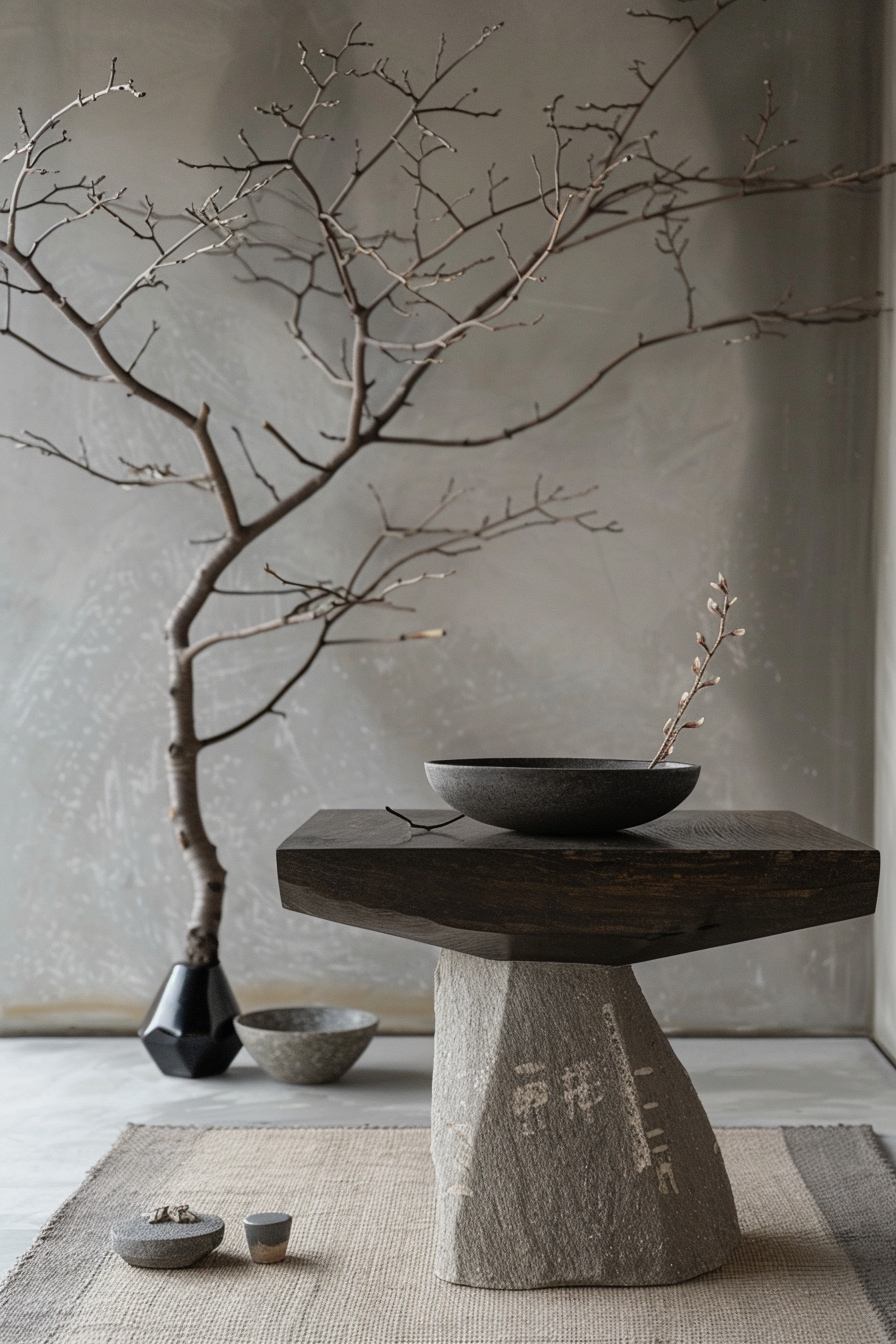 A minimalist interior with a stone table displaying a black bowl, accompanied by a bare-branched tree and subtle gray-toned decor.