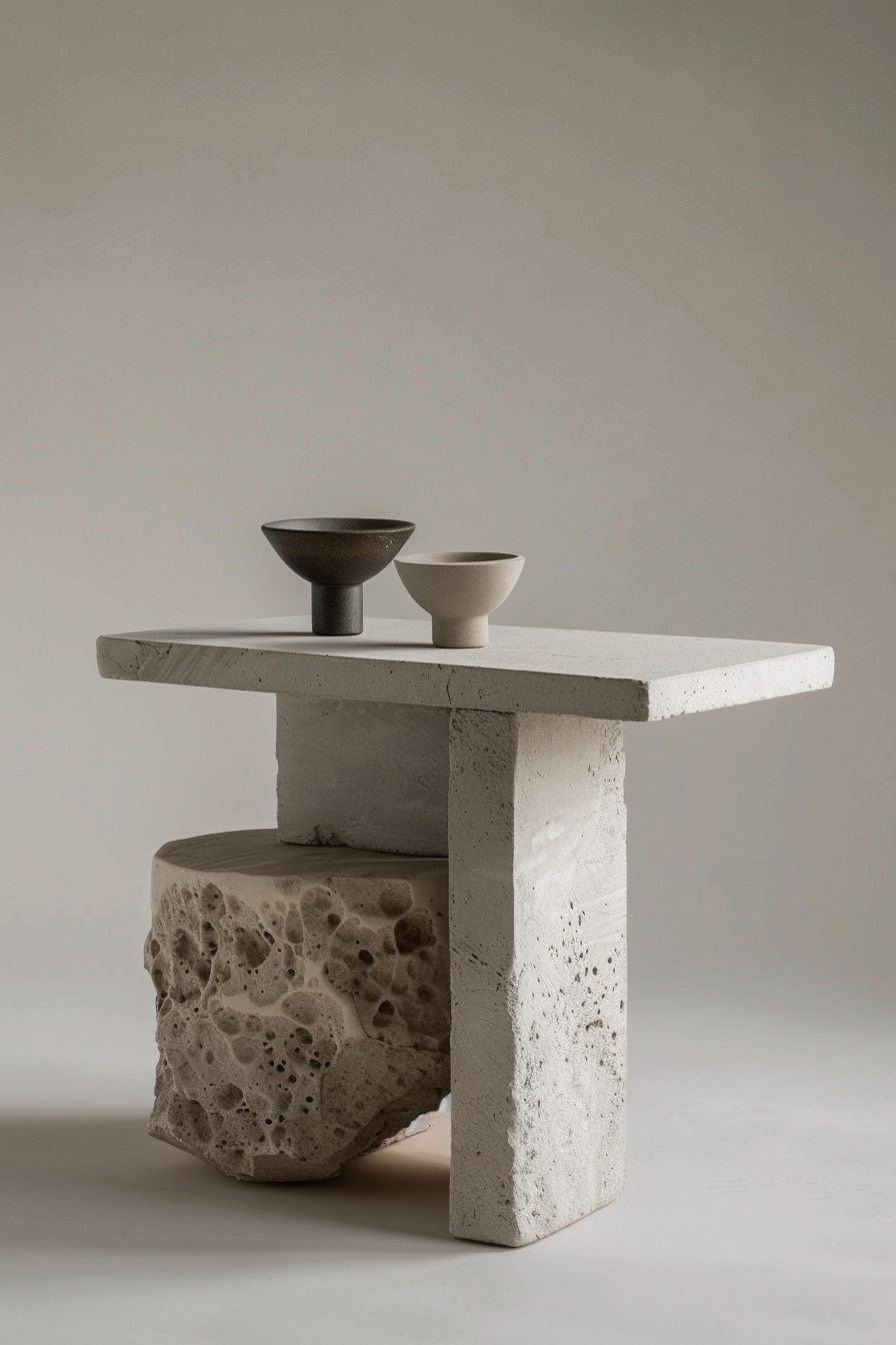 A minimalist concrete table with a textured base, topped by two contrasting ceramic bowls.