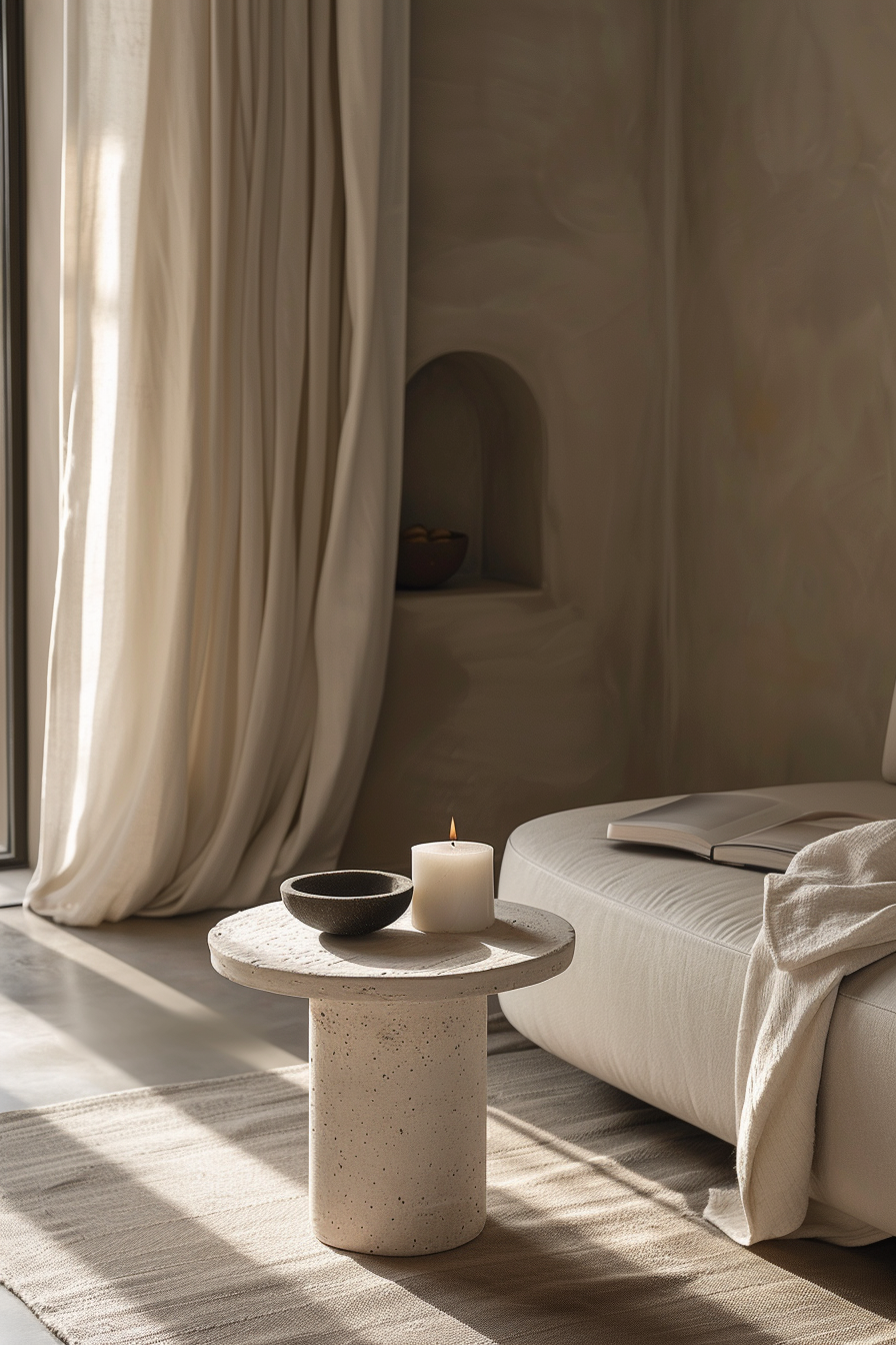 A serene room with a lit candle on a concrete side table, a bowl, a draped blanket on a sofa, and soft sunlight filtering through curtains.