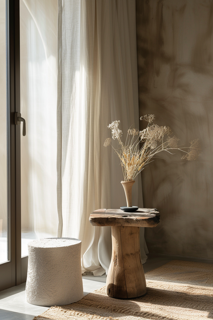 Sunlight filters through sheer curtains onto a rustic wooden stool with dried flowers in a vase, beside a textured cylindrical stool.