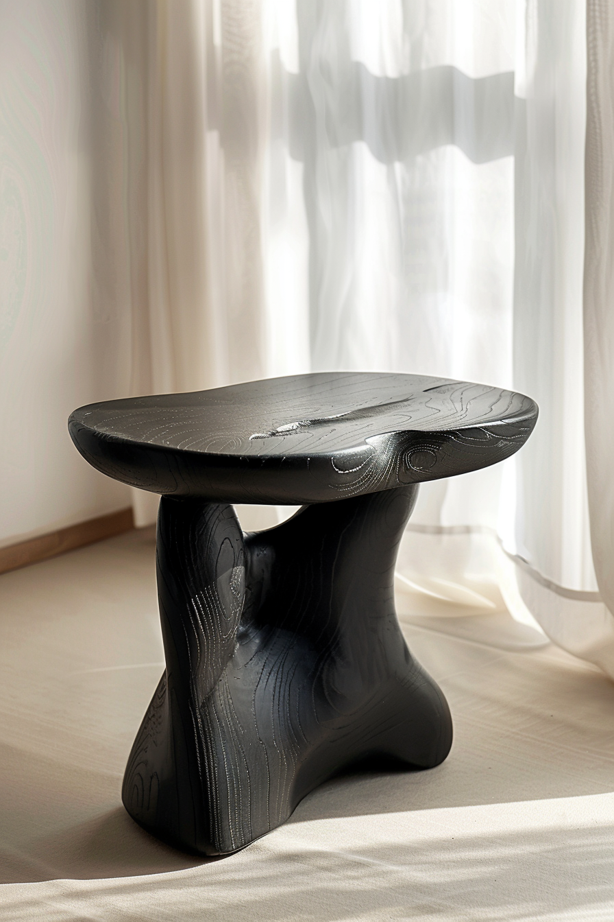 ALT: A unique black sculptural table with flowing lines, placed on a light floor against translucent white curtains and soft sunlight.