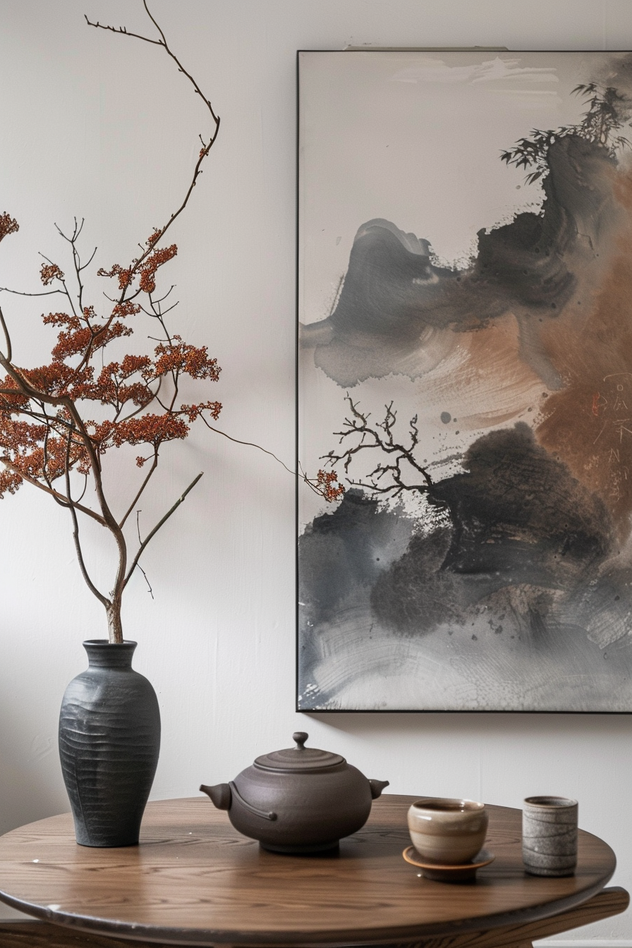 A serene interior corner with a ceramic vase, teapot, and cups on a wooden table, set against a backdrop of an Asian-style ink landscape painting.