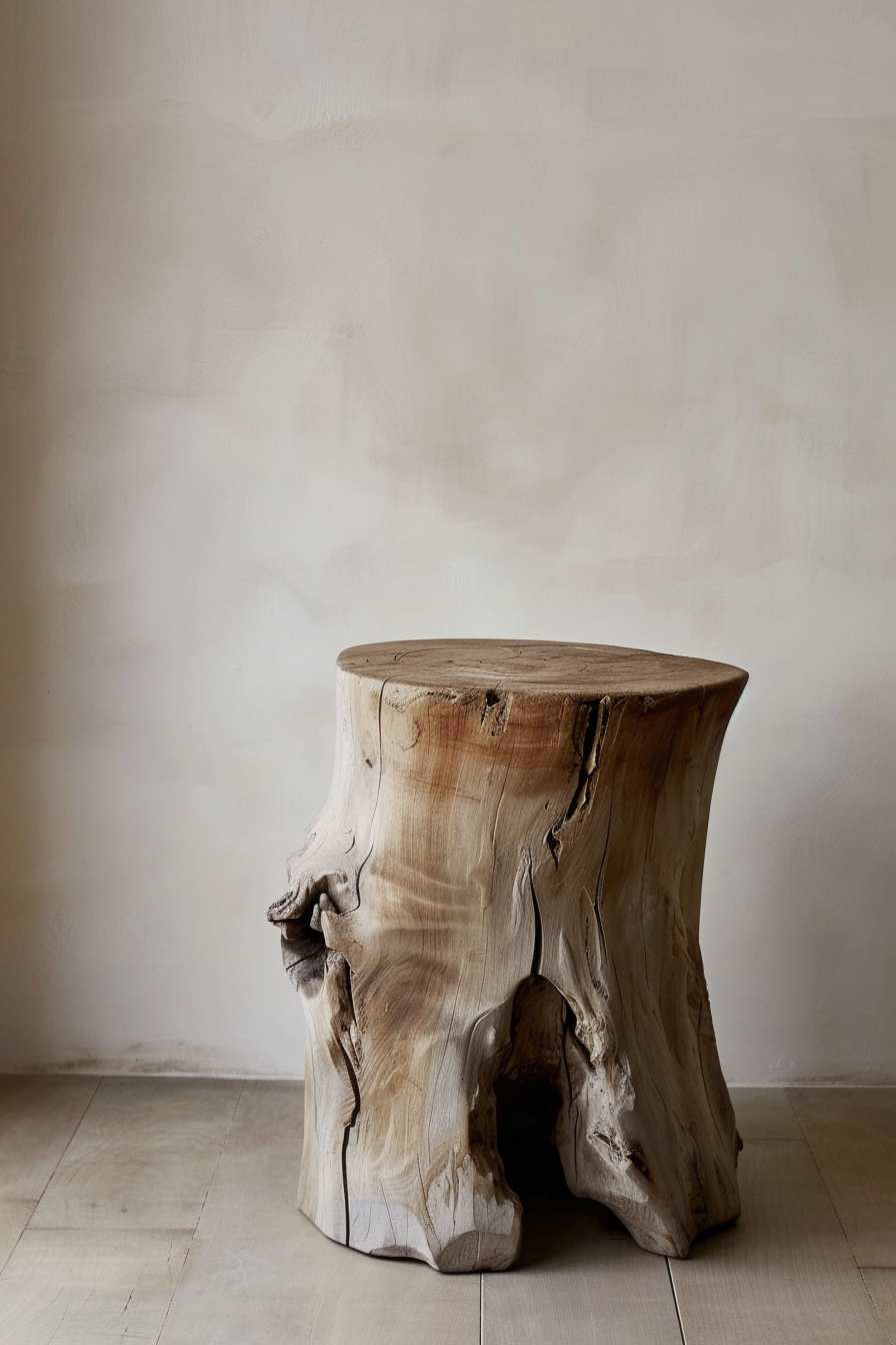 ALT Text: "A natural wooden stump stool with a smooth top surface against a neutral-toned wall on a light wooden floor."
