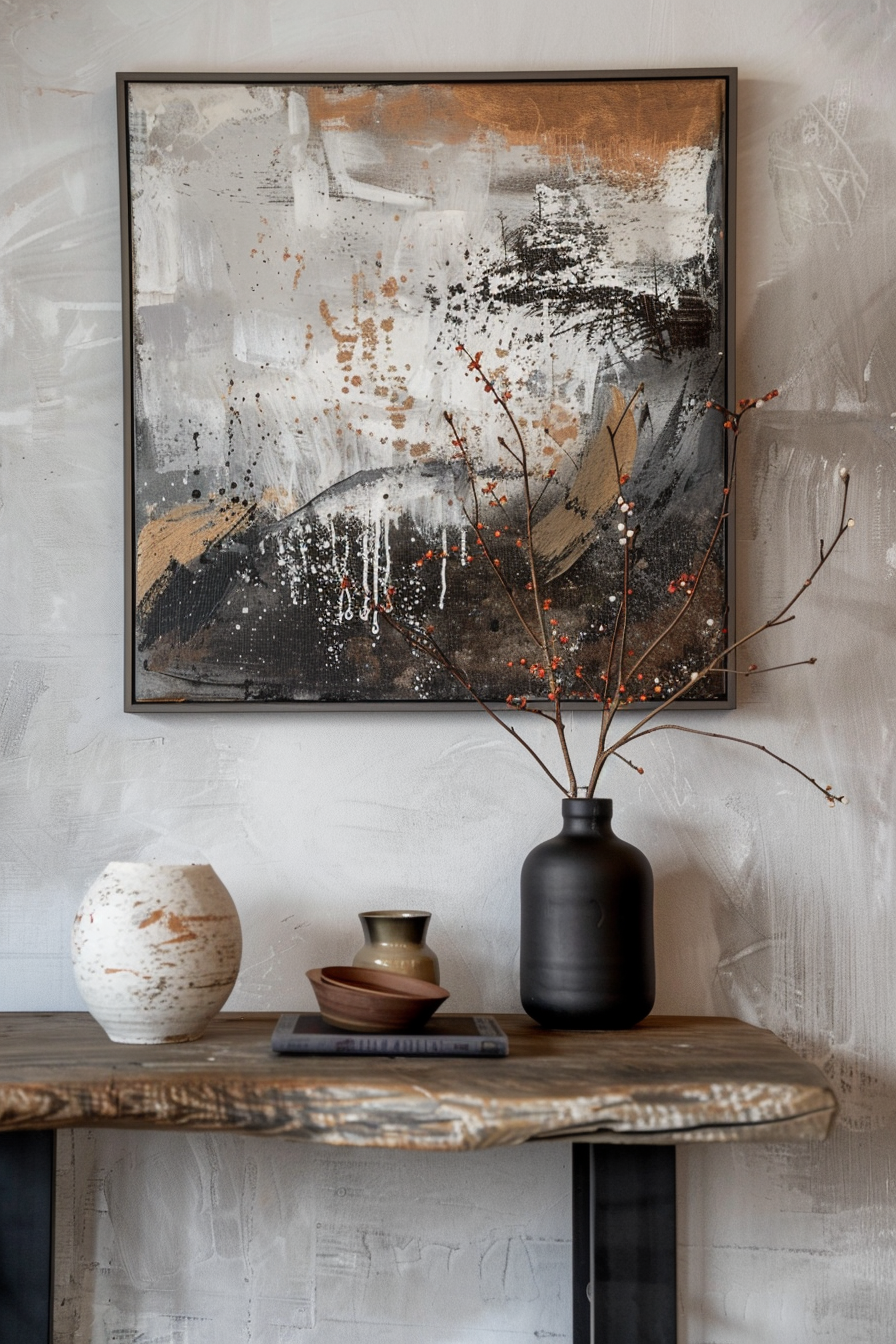 Abstract painting on wall above wooden console table with decorative vase, branches, and ceramic bowls.