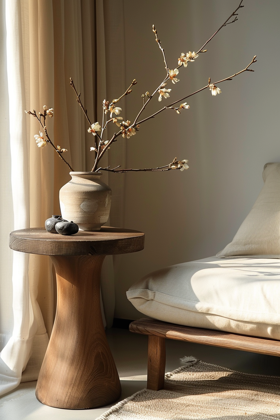 A serene corner with sunlight casting shadows, featuring a vase with blossoming branches on a wooden stool beside a cozy beige sofa.