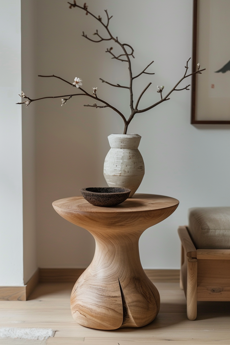 A minimalist interior with a sculptural wooden side table holding a ceramic vase with a few blossoming branches and a small bowl.