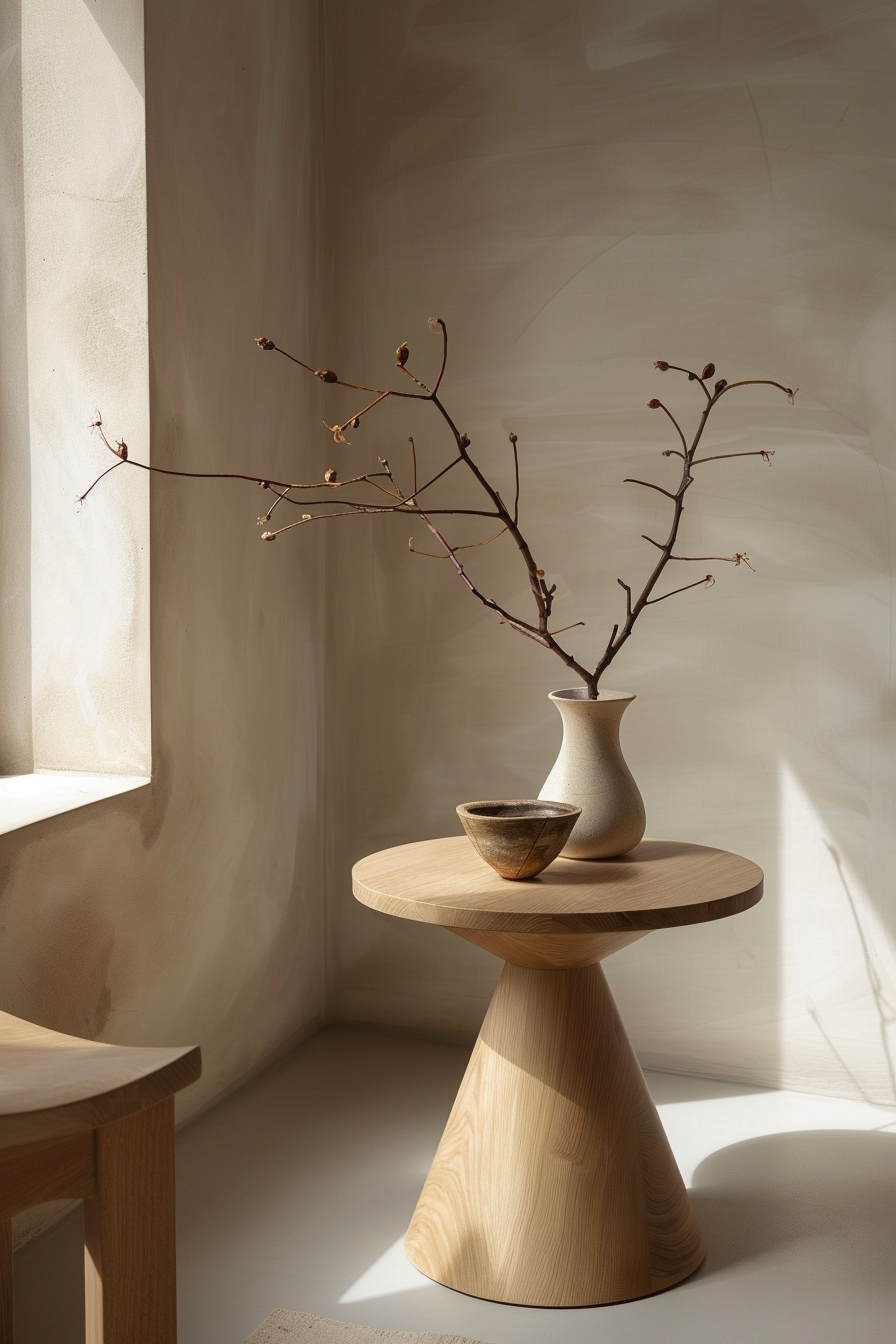 A serene corner with a wooden table and chair, a textured vase with bare branches, and a small bowl, all bathed in soft sunlight.
