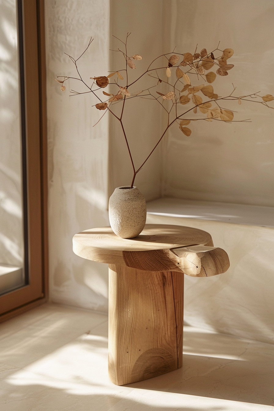 A minimalist wooden stool with a textured ceramic vase on top, holding delicate dried branches, bathed in soft sunlight by a window.