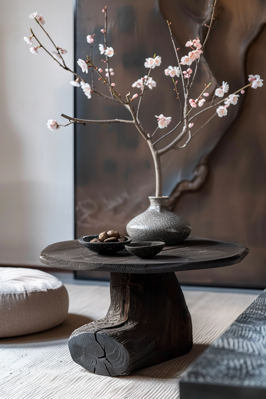 ALT text: A rustic wooden coffee table with a textured vase holding cherry blossoms, accompanied by small bowls with stones, in a modern room.