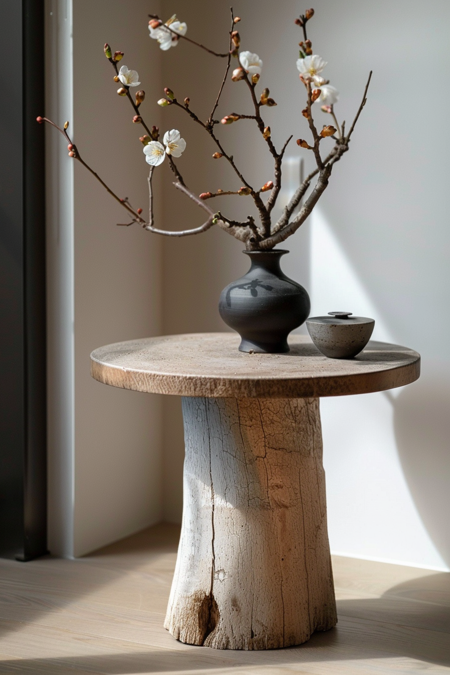 A rustic side table with a textured surface and base resembling a tree trunk, adorned with a vase of blooming branches and a small bowl.