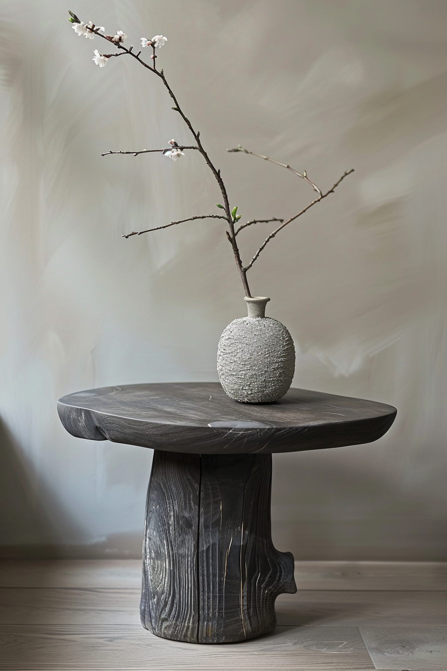 A textured vase with a blossoming branch on a dark wooden stump table against a blurred beige background.