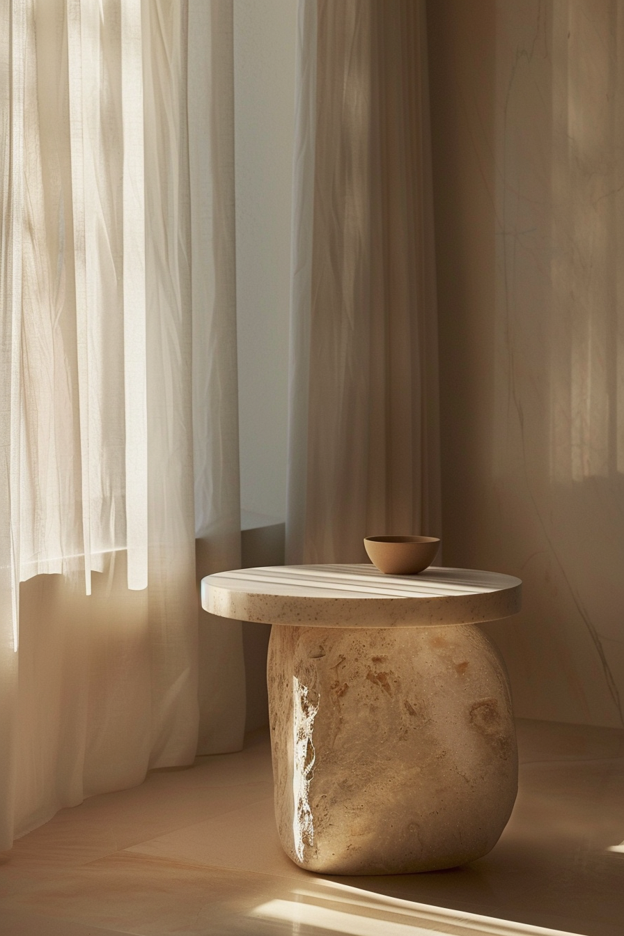 Sunlight streams through sheer curtains onto a stone table with a small bowl, creating a warm, serene interior atmosphere.