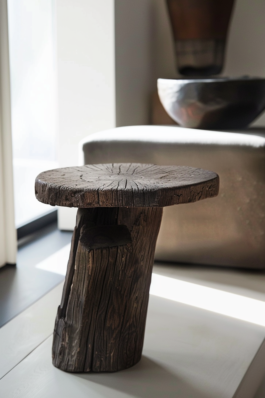 Wooden stool with a textured surface in a bright room, near a window with a large bowl and vase in the background.