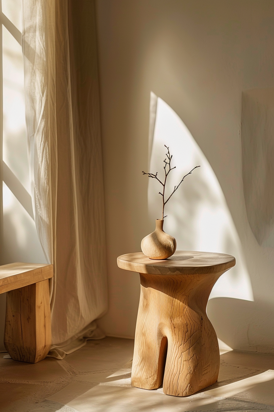 Wooden stool with a vase and a single bare branch in a sunlit room with airy curtains casting soft shadows.