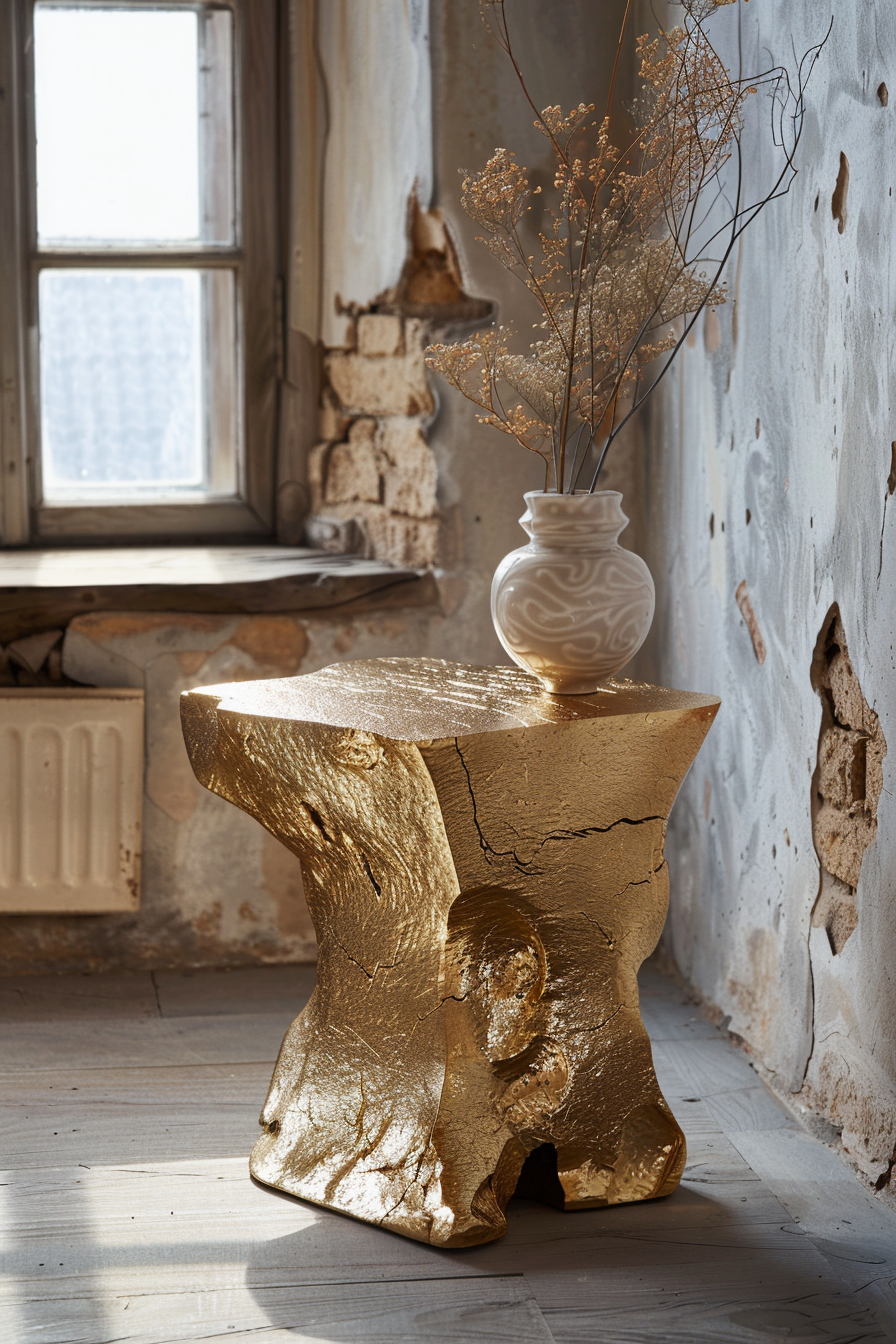 A white vase with dried flowers on a textured gold-painted stool in a rustic room with peeling walls and a window.