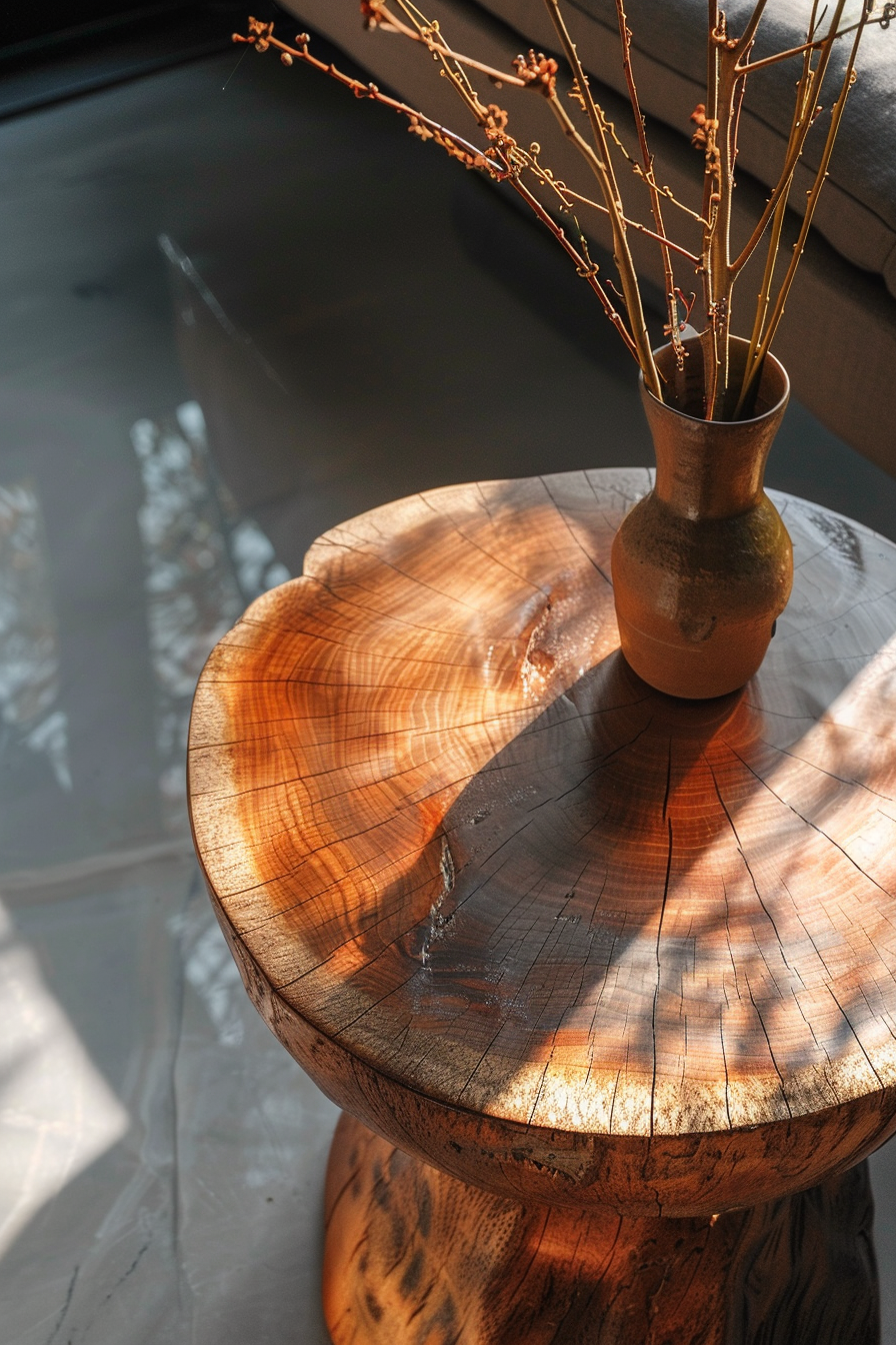 Wooden table with a vase of branches bathed in warm sunlight casting shadow patterns on the surface.