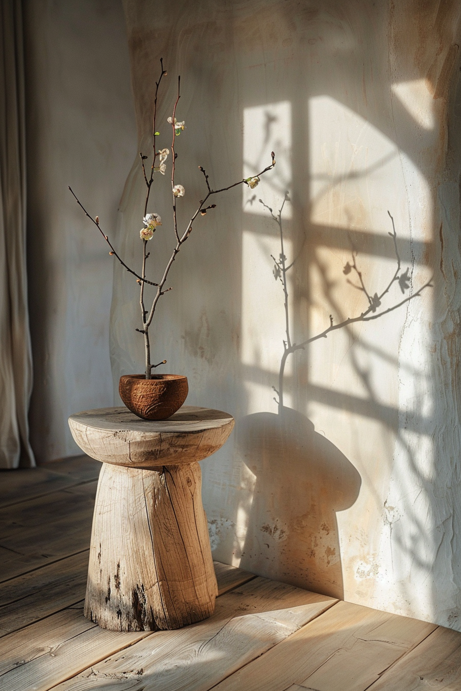 Rustic wooden stool with a small bowl holding budding branches, casting a dappled shadow on a sunlit wall.