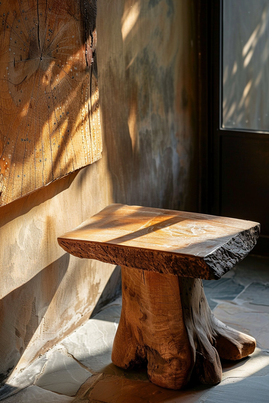 A wooden bench illuminated by warm sunlight beside a textured wall with a patterned wood panel.