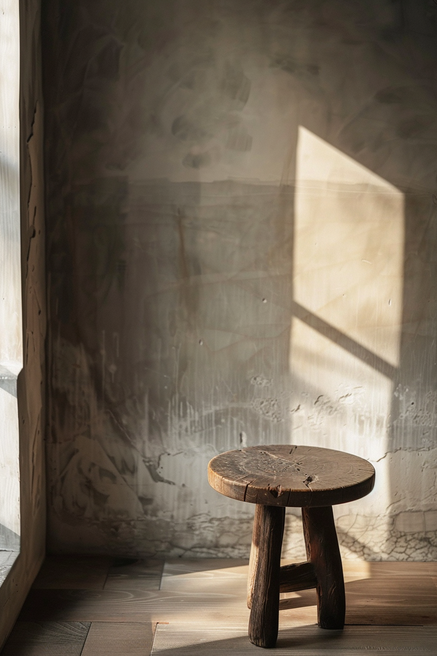 ALT: A rustic wooden stool stands by a window, bathed in warm sunlight, with shadows and light playing on the wall and floor.