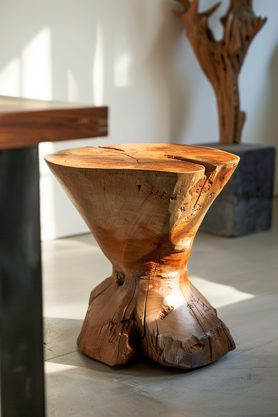 A wooden stump stool with a smooth top and textured sides, illuminated by natural light in an interior setting.