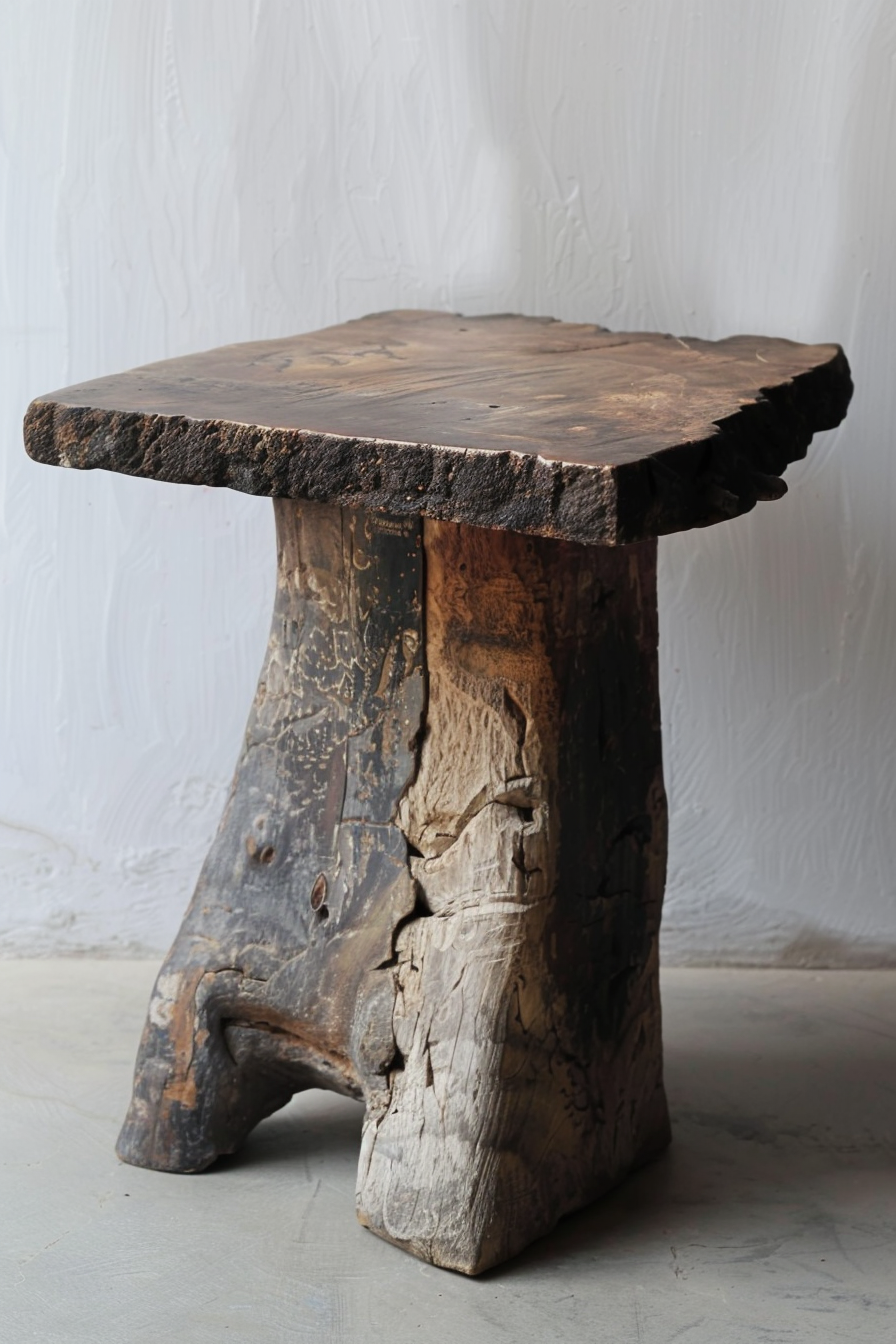 Rustic wooden stool with a thick, irregular top and a sturdy base, showing natural textures and aging, against a white textured wall.