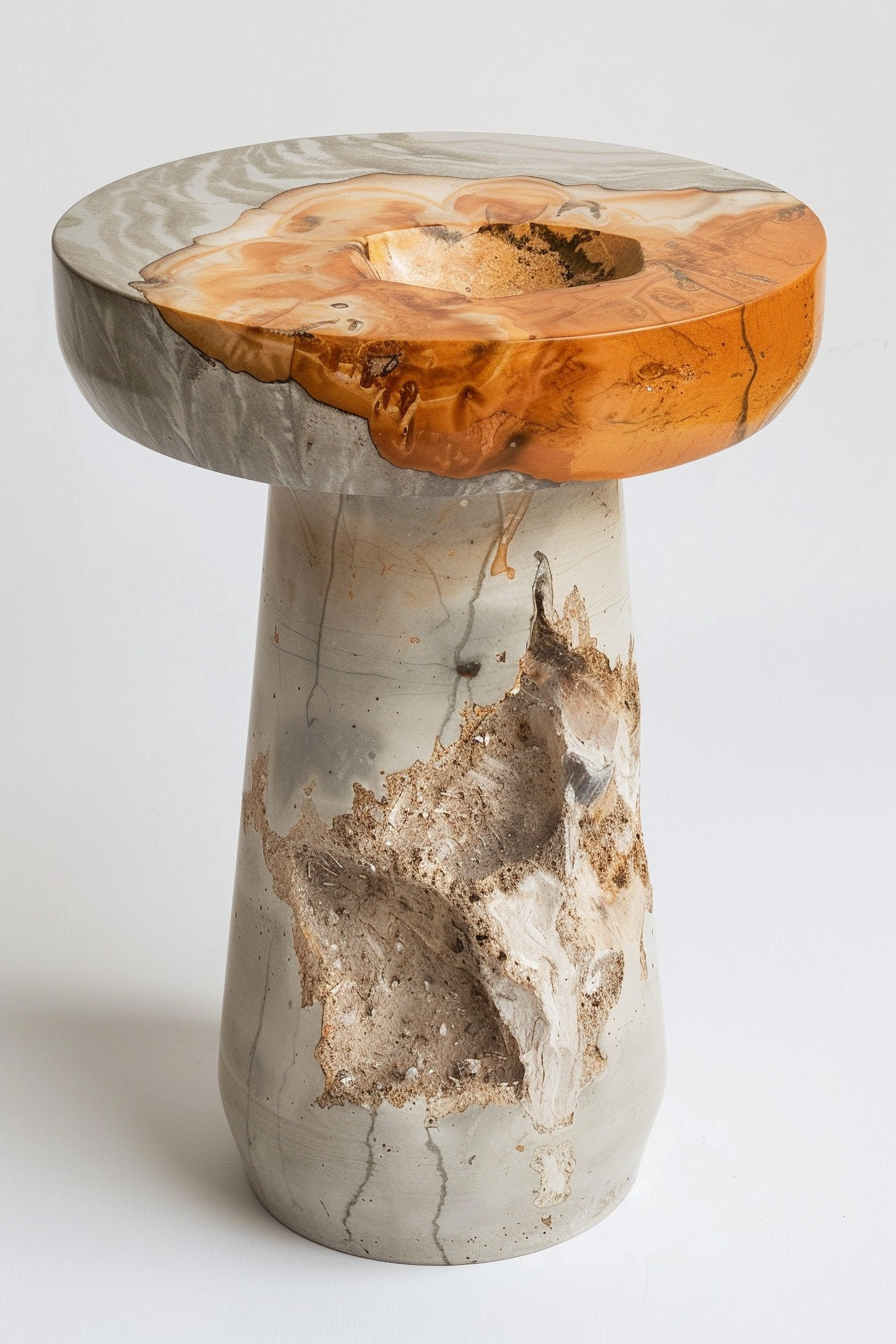 ALT: A unique side table combining materials, with a smooth gray concrete cylinder base and a round wooden top with resin filling natural gaps.