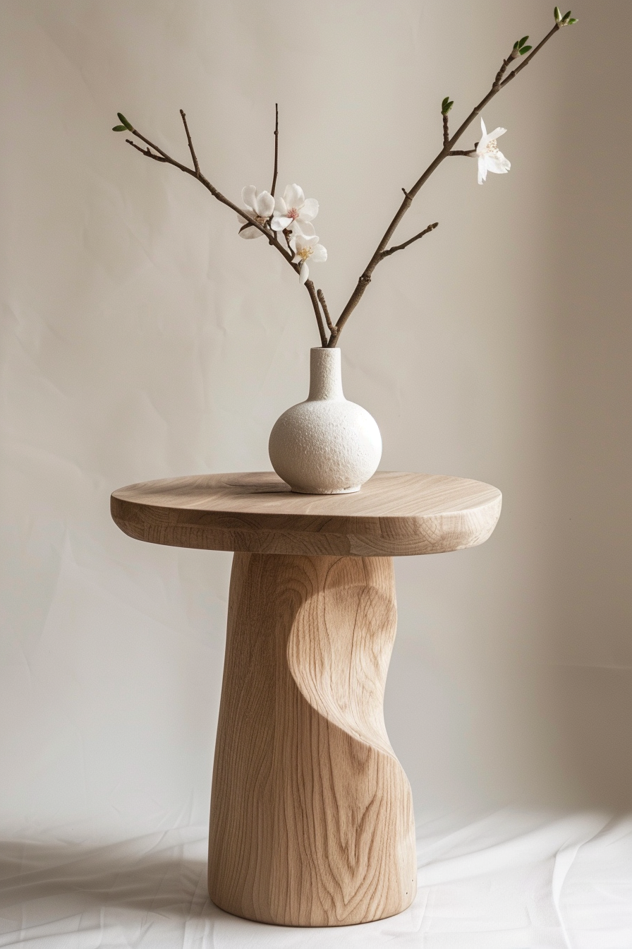 A textured white vase with branches and blossoms on a wooden table with a unique curved base, against a neutral background.