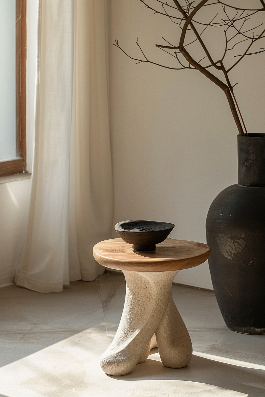 A minimalist room with a unique wooden stool, a bowl on top, and a large vase with bare branches next to a white curtain.