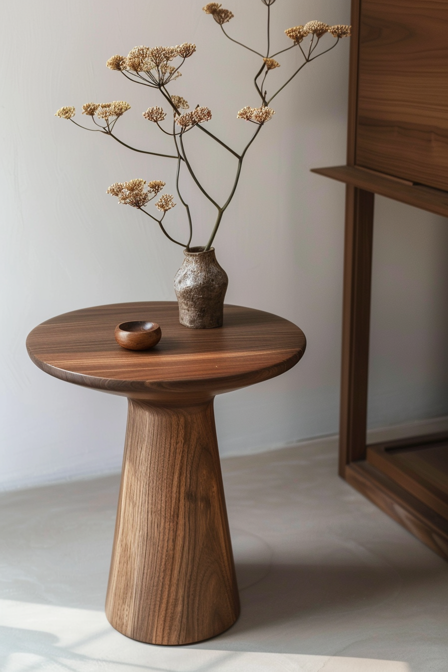 ALT text: "A rustic vase with dried flowers on a wooden side table next to a wood furniture piece in a room with a minimalist design."