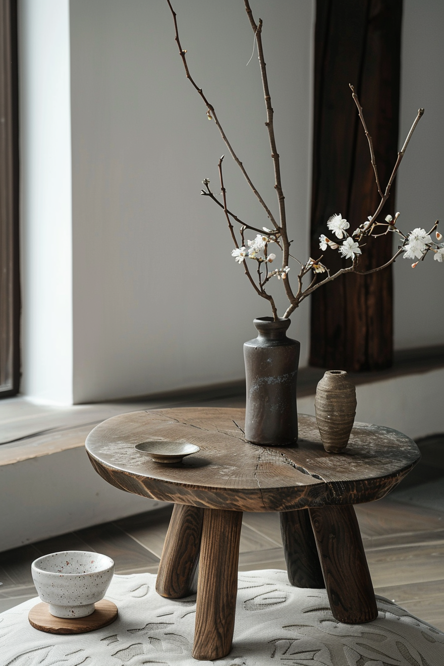 Rustic wooden table with ceramic vase holding blooming branches, accompanied by two small bowls and another tiny vase.