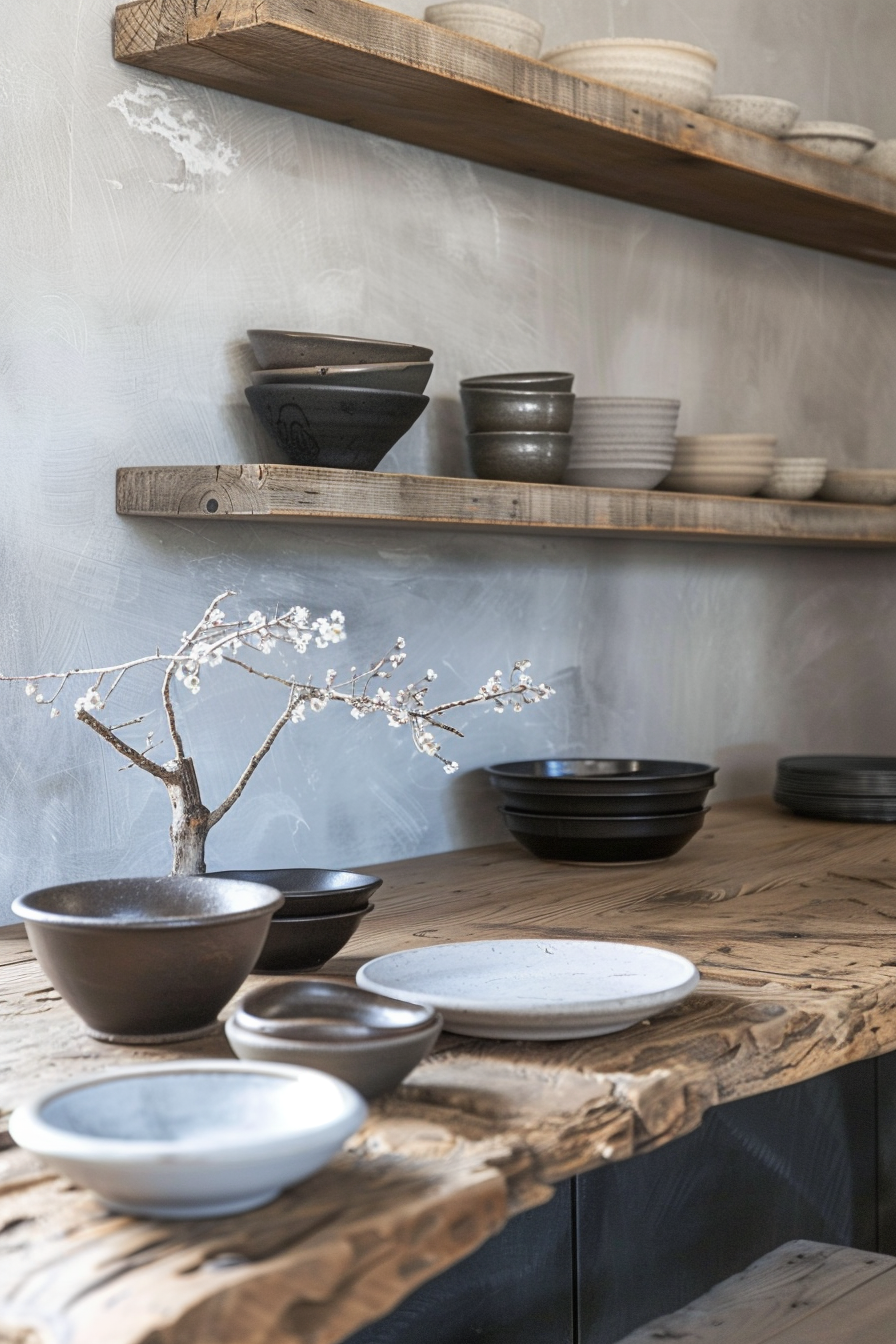 Rustic kitchen setting with wooden shelves displaying an assortment of ceramic bowls and plates, and a branch with white blossoms on a wooden counter.
