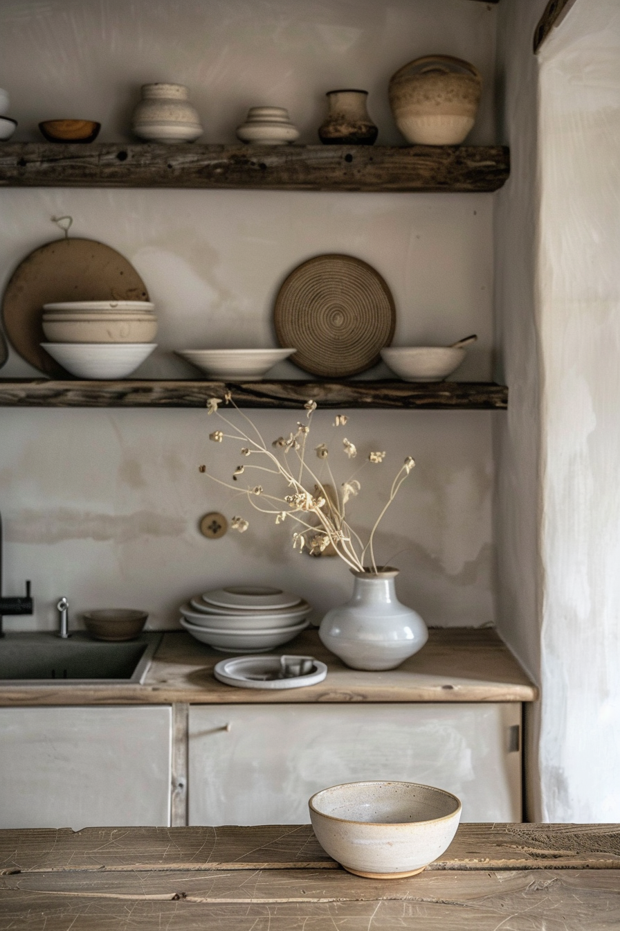 Rustic kitchen interior with wooden shelves holding ceramic dishes and a vase with dried flowers on the countertop.