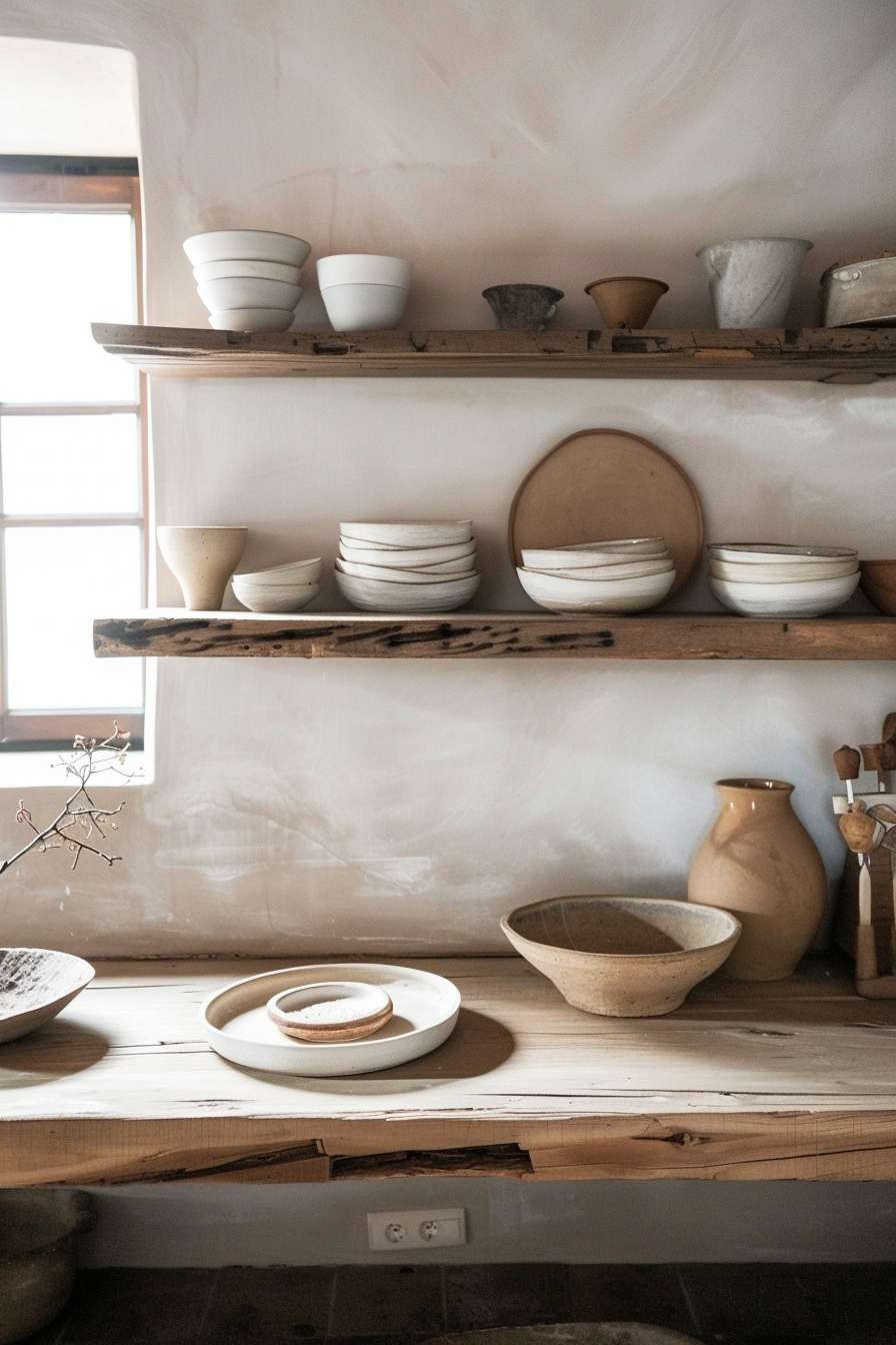 Rustic kitchen shelves with a variety of ceramic bowls and plates in neutral tones.