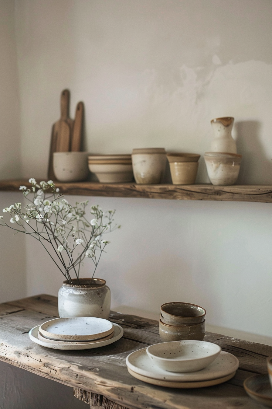Rustic kitchen shelves with ceramic dishware and a vase of baby’s breath flowers.