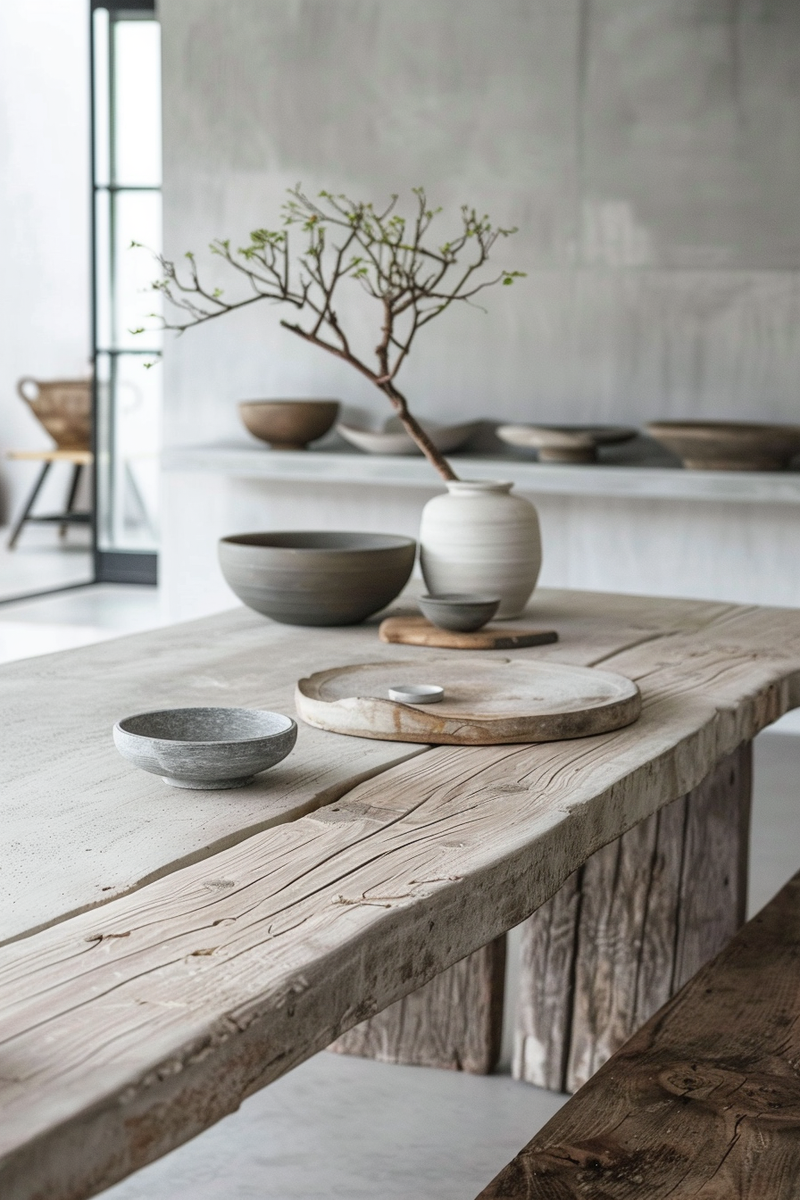 Rustic wooden table with ceramic bowls and a vase with a budding branch, in a minimalistic interior.